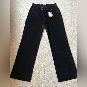 NWT MNG Mango Denim Jeans Black High Waist Cross Waist Straight sz 8 Asymmetric